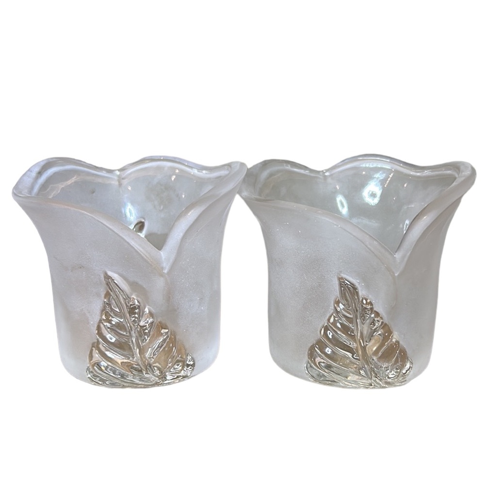 ?Partylite Tealight holders frosted glass leaf debossing set of 2‎